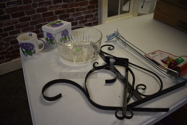ALL ONE MONEY! Lot of Various Items Including Glass Vases, Metal Pieces, Hats and Folding Table! BUYER MUST REMOVE. (garden center) - Image 4 of 6