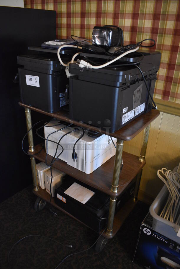ALL ONE MONEY! Lot of Wood Pattern 3 Tier Cart w/ 4 HP Printers and 2 APC Back Ups on Commercial Casters! 28x16x32. (main dining room) - Image 2 of 6