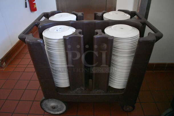 Brown Poly Portable Dish Cart w/ White Ceramic Plates on Commercial Casters. 38x28x32. 9.75x9.75x1. (kitchen hallway)