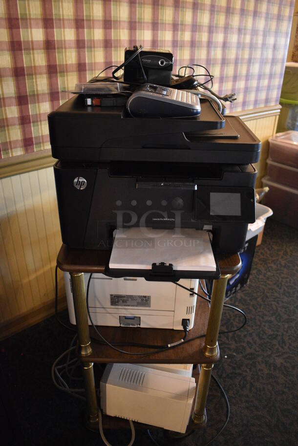 ALL ONE MONEY! Lot of Wood Pattern 3 Tier Cart w/ 4 HP Printers and 2 APC Back Ups on Commercial Casters! 28x16x32. (main dining room) - Image 4 of 6