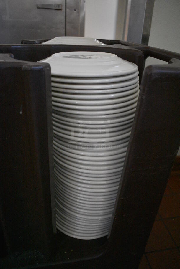 Brown Poly Portable Dish Cart w/ White Ceramic Plates on Commercial Casters. 38x28x32. 9.75x9.75x1. (kitchen hallway) - Image 3 of 6