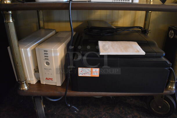 ALL ONE MONEY! Lot of Wood Pattern 3 Tier Cart w/ 4 HP Printers and 2 APC Back Ups on Commercial Casters! 28x16x32. (main dining room) - Image 6 of 6