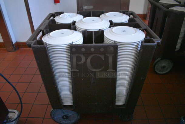 Brown Poly Portable Dish Cart w/ White Ceramic Plates on Commercial Casters. 30.5x27x32. 9.75x9.75x1. (kitchen hallway)