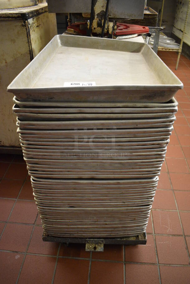 Metal Commercial Pan Dolly w/ 48 Metal Baking Pans on Commercial Casters. 26.5x18.5x5, 25x17.5x2.5. (bakery kitchen)