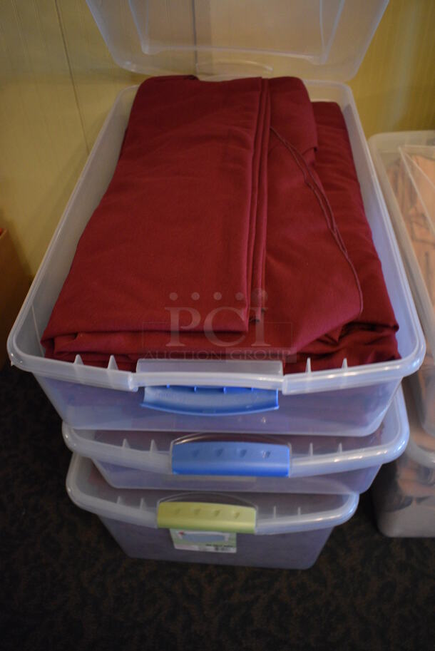 ALL ONE MONEY! Lot of 3 Bins of Red Tablecloths! Includes 90x90 Round. (main dining room)