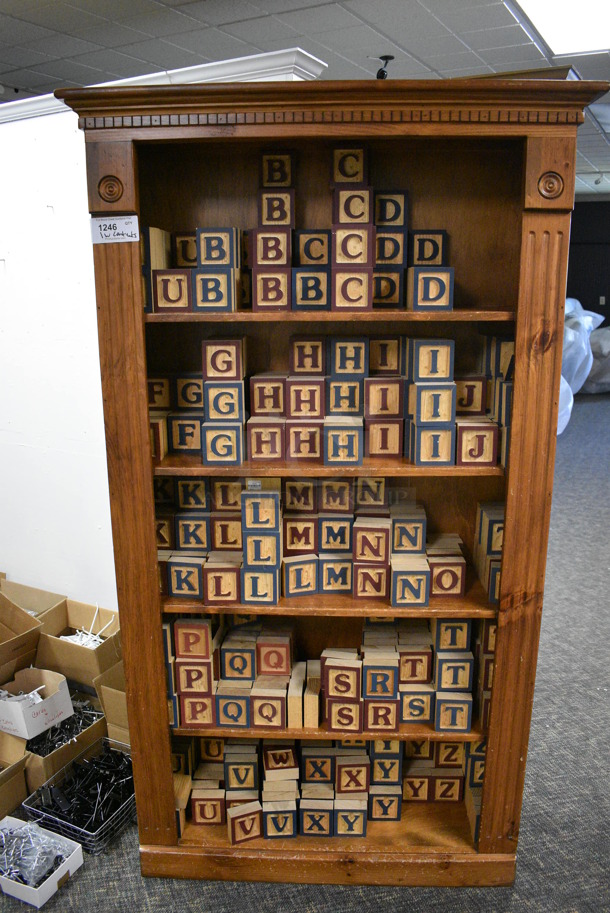 Wooden Shelving Unit w/ Wooden Letter Blocks. BUYER MUST REMOVE. 42x14x74. (garden center) - Image 1 of 4