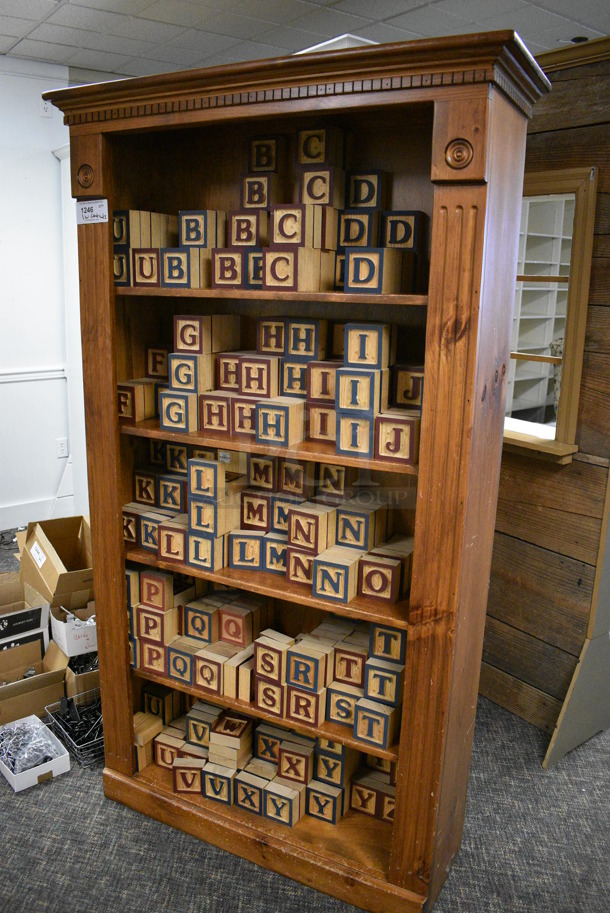 Wooden Shelving Unit w/ Wooden Letter Blocks. BUYER MUST REMOVE. 42x14x74. (garden center) - Image 2 of 4