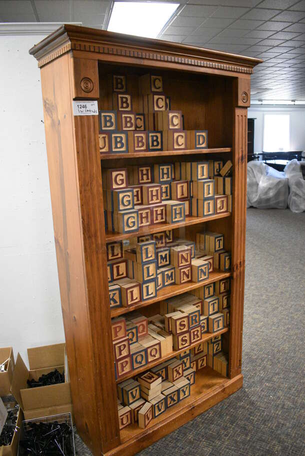 Wooden Shelving Unit w/ Wooden Letter Blocks. BUYER MUST REMOVE. 42x14x74. (garden center) - Image 3 of 4