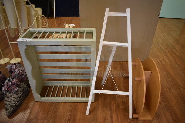 ALL ONE MONEY! Lot of Wooden Box, Wooden Easel and Wooden Shelf! Includes 26x10x23., (garden center)