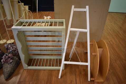 ALL ONE MONEY! Lot of Wooden Box, Wooden Easel and Wooden Shelf! Includes 26x10x23., (garden center)