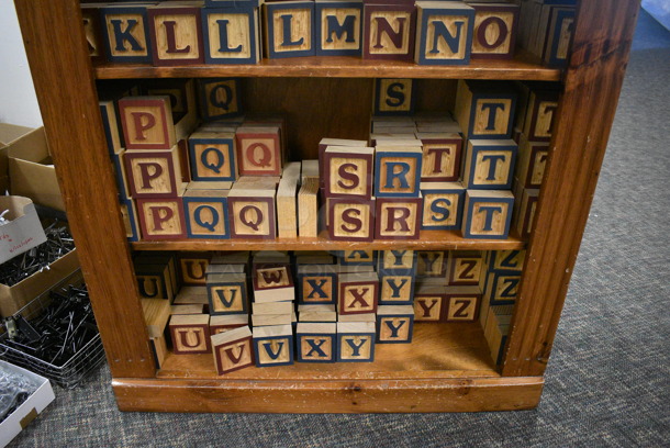 Wooden Shelving Unit w/ Wooden Letter Blocks. BUYER MUST REMOVE. 42x14x74. (garden center) - Image 4 of 4