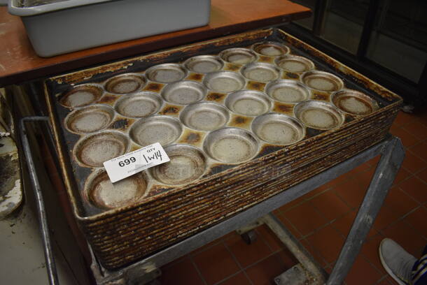 Metal Commercial Cart w/ Push Handle and 14 Metal 24 Cup Muffin Baking Pans on Commercial Casters. 22x29x31. 18x26x1.5. (bakery kitchen) - Image 2 of 4