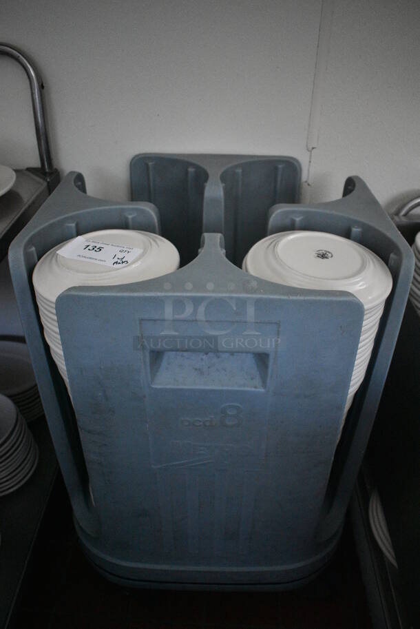 Metro PCD8 Blue Poly Portable Dish Cart w/ White Ceramic Plates on Commercial Casters. 20.5x20.5x32. 9.75x9.75x1. (kitchen hallway) - Image 1 of 4
