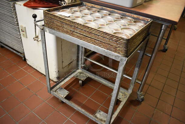 Metal Commercial Cart w/ Push Handle and 14 Metal 24 Cup Muffin Baking Pans on Commercial Casters. 22x29x31. 18x26x1.5. (bakery kitchen) - Image 4 of 4