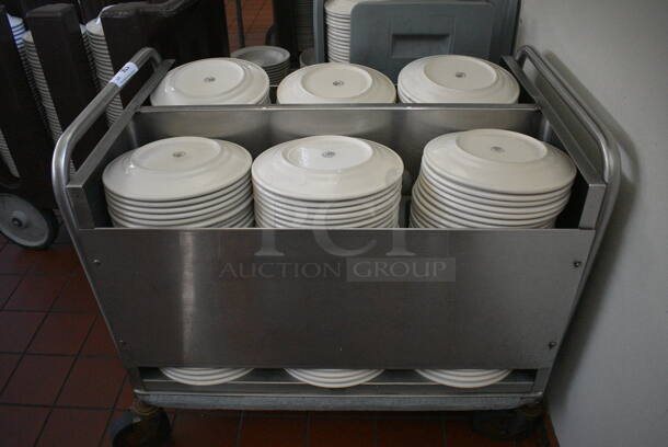 Stainless Steel Portable Dish Cart w/ White Ceramic Plates on Commercial Casters. 33x24x32. 9.75x9.75x1. (kitchen hallway)