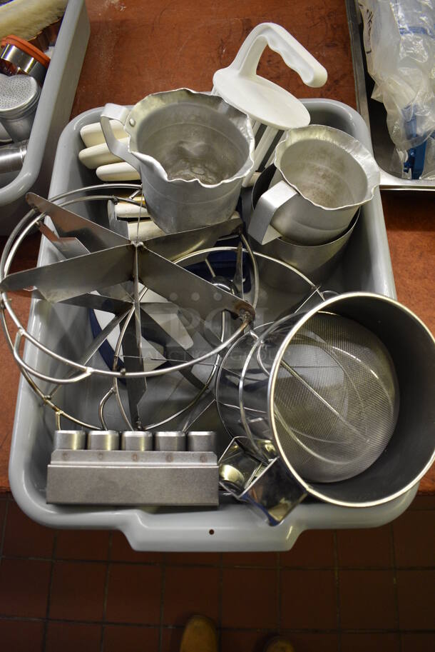 ALL ONE MONEY! Lot of Various Items Including Metal Pitchers, Pie Cutters and Dough Dividers in Gray Poly Bus Bin! 21.5x15.5x5. (bakery kitchen)