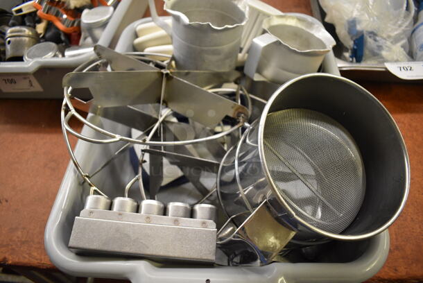 ALL ONE MONEY! Lot of Various Items Including Metal Pitchers, Pie Cutters and Dough Dividers in Gray Poly Bus Bin! 21.5x15.5x5. (bakery kitchen) - Image 3 of 5
