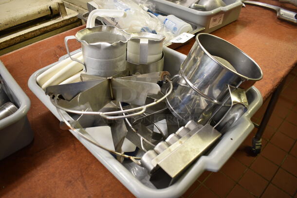 ALL ONE MONEY! Lot of Various Items Including Metal Pitchers, Pie Cutters and Dough Dividers in Gray Poly Bus Bin! 21.5x15.5x5. (bakery kitchen) - Image 4 of 5