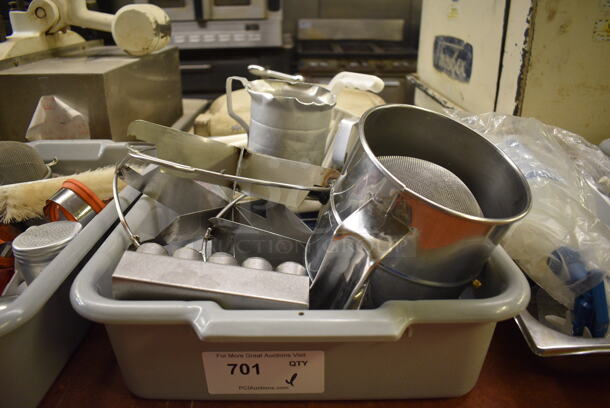 ALL ONE MONEY! Lot of Various Items Including Metal Pitchers, Pie Cutters and Dough Dividers in Gray Poly Bus Bin! 21.5x15.5x5. (bakery kitchen) - Image 5 of 5
