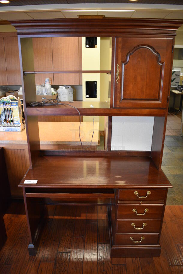 Wooden Desk w/ Drawers, Over Shelf and Cabinet. 48x24x77.5. (gift shop)