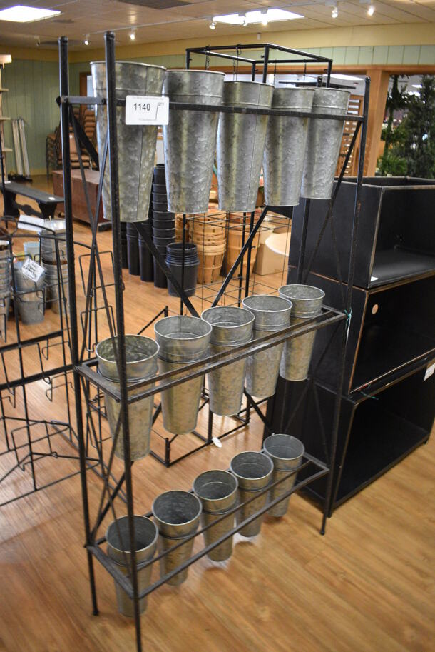 Black Metal Stand w/ 15 Metal Buckets. 35x11x65. (garden center)