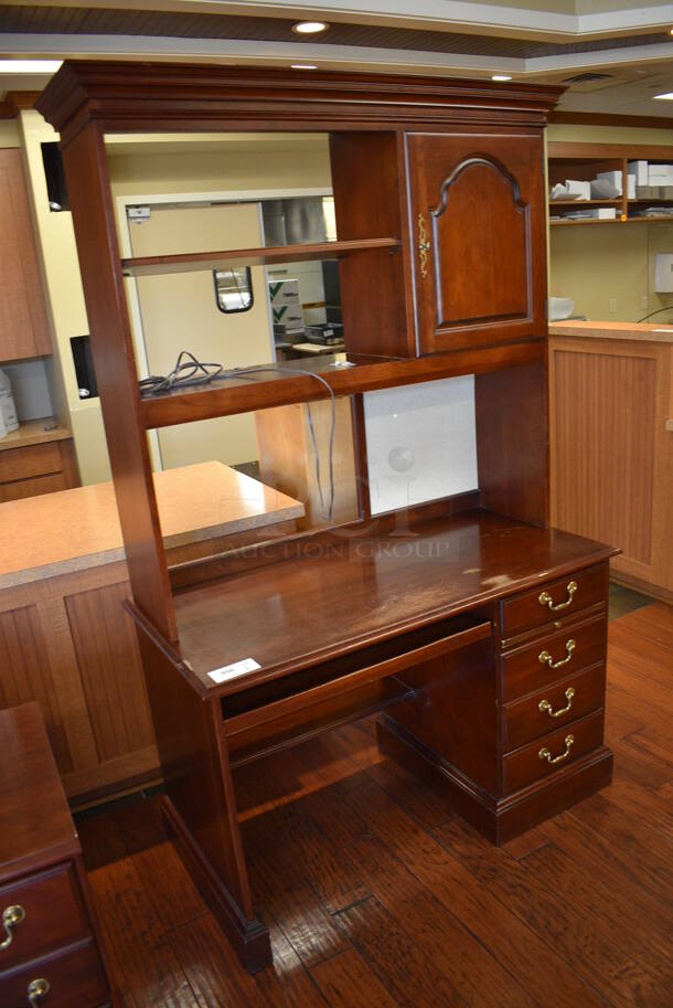 Wooden Desk w/ Drawers, Over Shelf and Cabinet. 48x24x77.5. (gift shop) - Image 2 of 7