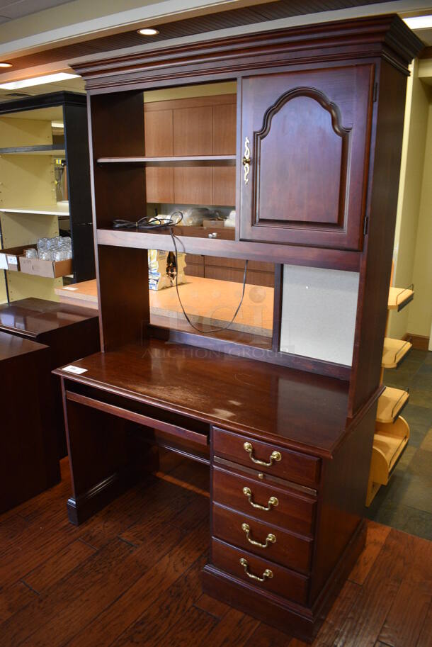 Wooden Desk w/ Drawers, Over Shelf and Cabinet. 48x24x77.5. (gift shop) - Image 3 of 7