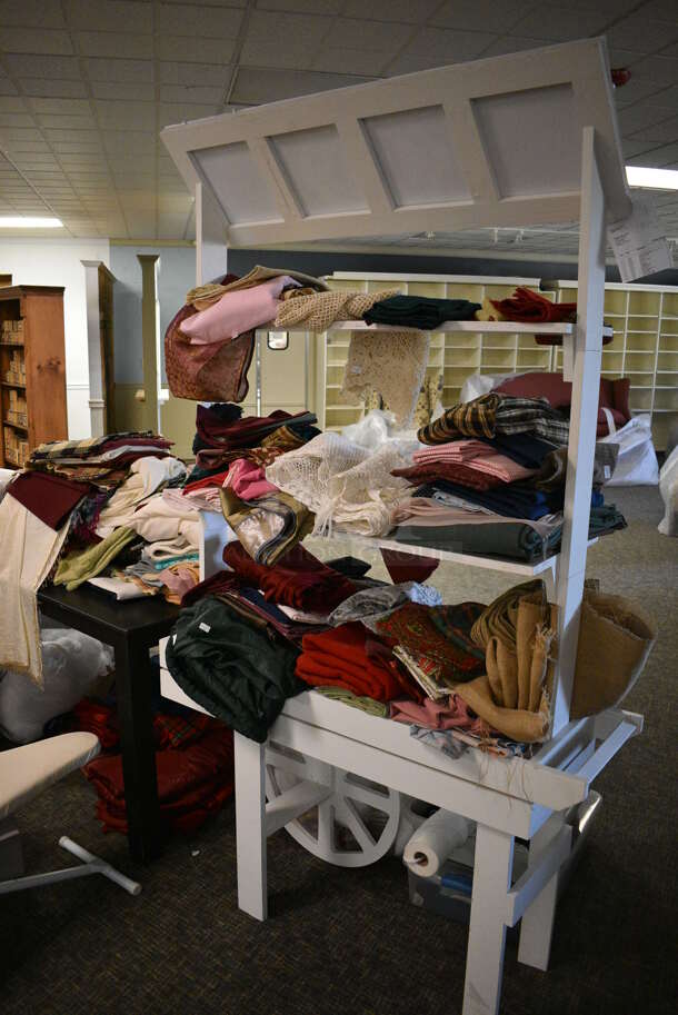 ALL ONE MONEY! Lot of White Rack and Cart w/ Various Materials. BUYER MUST REMOVE. (garden center) - Image 6 of 6