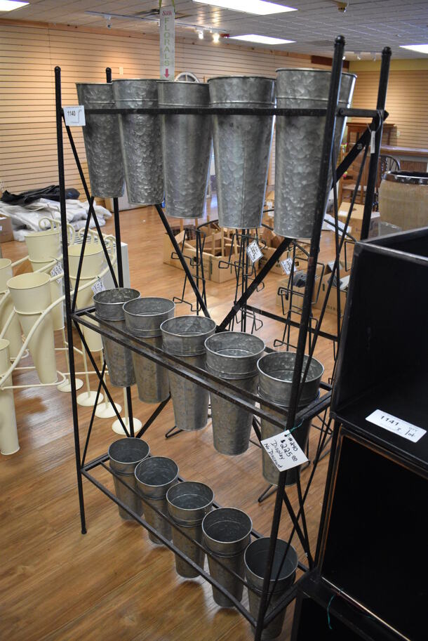 Black Metal Stand w/ 15 Metal Buckets. 35x11x65. (garden center) - Image 5 of 5