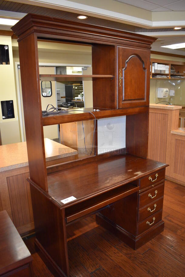 Wooden Desk w/ Drawers, Over Shelf and Cabinet. 48x24x77.5. (gift shop) - Image 7 of 7