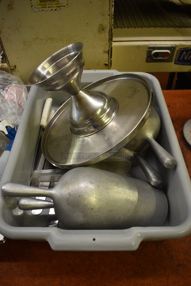 ALL ONE MONEY! Lot of Various Items Including Metal Cake Stand and Metal Ice Scoopers in Gray Bus Bin! 21.5x15.5x5. (bakery kitchen)