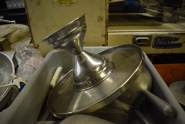 ALL ONE MONEY! Lot of Various Items Including Metal Cake Stand and Metal Ice Scoopers in Gray Bus Bin! 21.5x15.5x5. (bakery kitchen) - Image 2 of 5