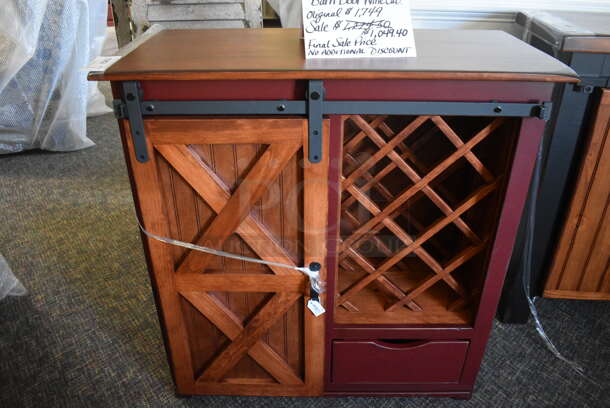 BRAND NEW! Wooden Barn Door Wine Cabinet. 36x16.5x37. (garden center)