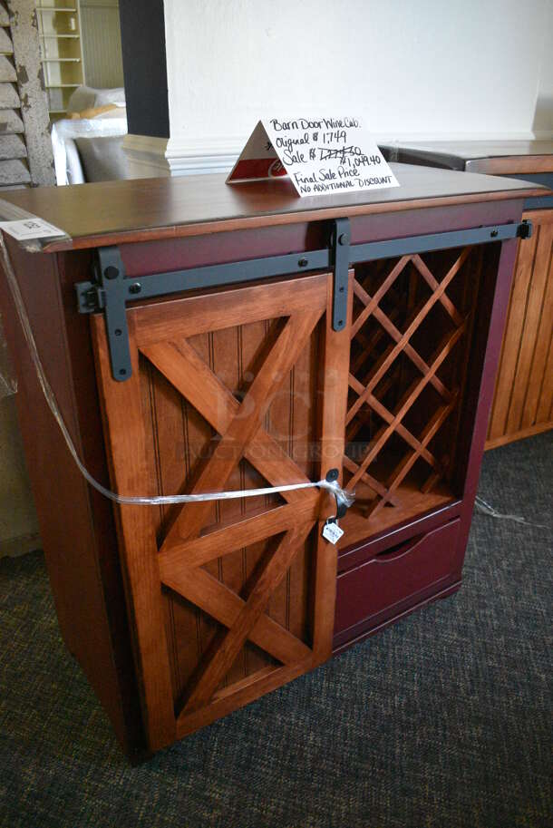 BRAND NEW! Wooden Barn Door Wine Cabinet. 36x16.5x37. (garden center) - Image 2 of 5