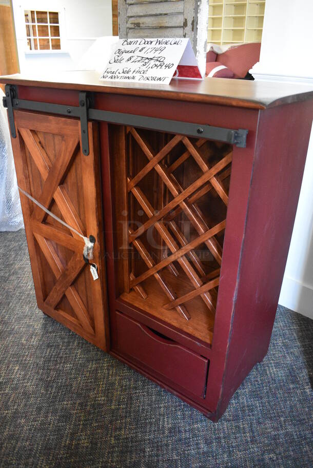 BRAND NEW! Wooden Barn Door Wine Cabinet. 36x16.5x37. (garden center) - Image 3 of 5