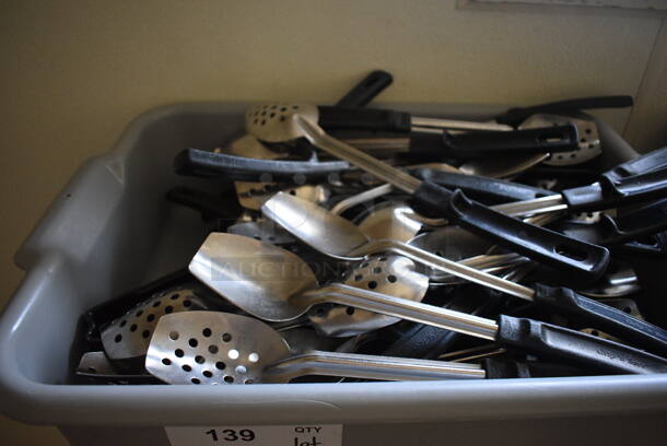 ALL ONE MONEY! Lot of Various Utensils Including Straining Serving Spoons in Gray Bus Bin! 21x15x5. (kitchen hallway) - Image 3 of 3