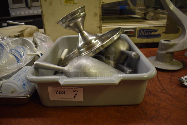 ALL ONE MONEY! Lot of Various Items Including Metal Cake Stand and Metal Ice Scoopers in Gray Bus Bin! 21.5x15.5x5. (bakery kitchen) - Image 5 of 5