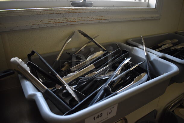 ALL ONE MONEY! Lot of Various Utensils Including Tongs in Gray Bus Bin! 21x15x5. (kitchen hallway) - Image 2 of 3