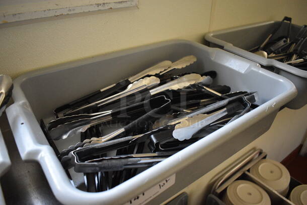 ALL ONE MONEY! Lot of Various Utensils Including Tongs in Gray Bus Bin! 21x15x5. (kitchen hallway) - Image 2 of 4