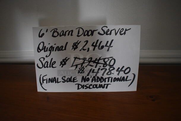 BRAND NEW! Wooden 6' Barn Door Server. 72x15x38. (garden center) - Image 5 of 5
