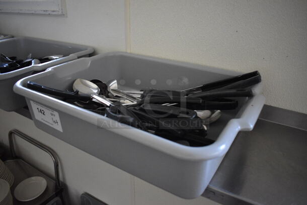 ALL ONE MONEY! Lot of Various Utensils Including Serving Spoons in Gray Bus Bin! 21x15x5. (kitchen hallway) - Image 2 of 5