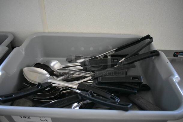 ALL ONE MONEY! Lot of Various Utensils Including Serving Spoons in Gray Bus Bin! 21x15x5. (kitchen hallway) - Image 3 of 5