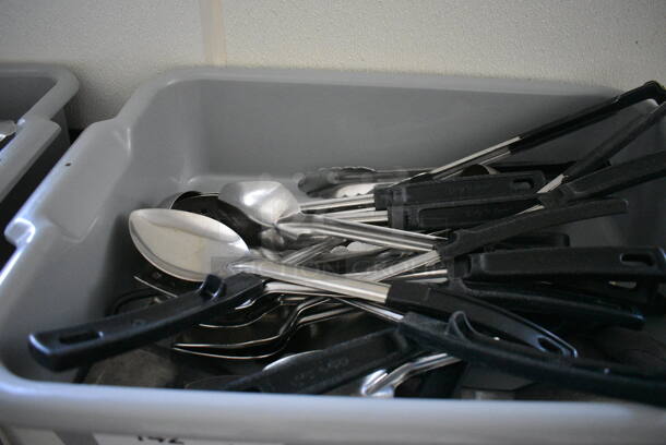 ALL ONE MONEY! Lot of Various Utensils Including Serving Spoons in Gray Bus Bin! 21x15x5. (kitchen hallway) - Image 4 of 5