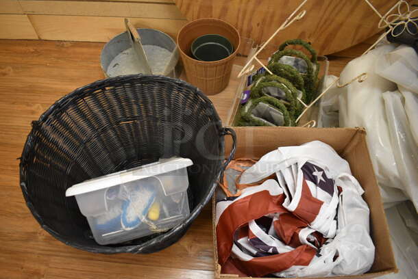 ALL ONE MONEY! Lot of Various Items Including Tarps, Black Basket and Round Wooden Plank. (garden center) - Image 2 of 4