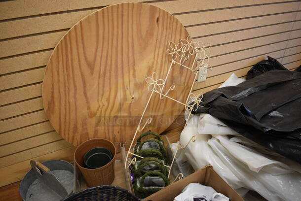ALL ONE MONEY! Lot of Various Items Including Tarps, Black Basket and Round Wooden Plank. (garden center) - Image 3 of 4