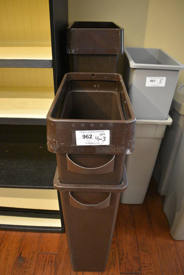 4 Brown Poly Slim Jim Trash Cans w/ 3 Lids. 11x20x30. 4 Times Your Bid! (gift shop)