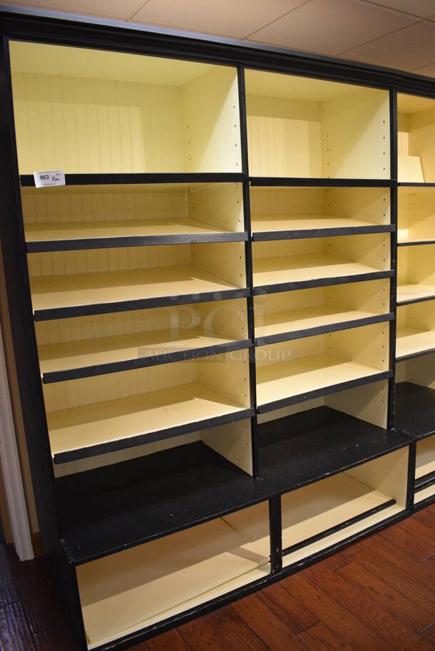 ALL ONE MONEY! Lot of 3 Yellow and Black Wooden Shelving Units. BUYER MUST REMOVE. 70x27.5x89, 30x27.5x89. (gift shop) - Image 2 of 6