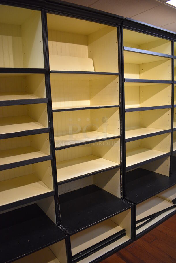 ALL ONE MONEY! Lot of 3 Yellow and Black Wooden Shelving Units. BUYER MUST REMOVE. 70x27.5x89, 30x27.5x89. (gift shop) - Image 3 of 6