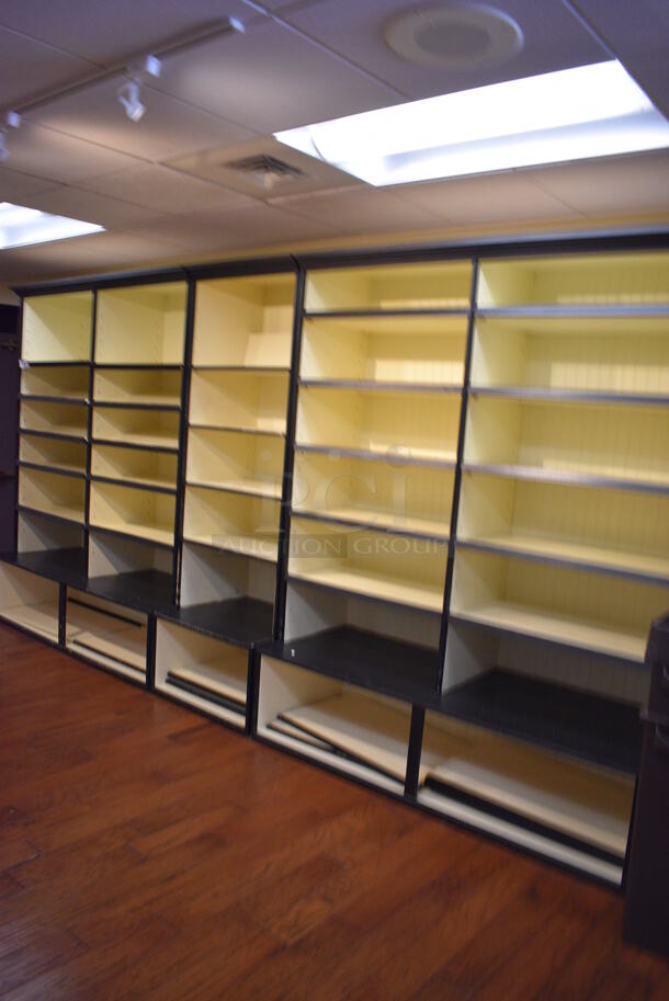 ALL ONE MONEY! Lot of 3 Yellow and Black Wooden Shelving Units. BUYER MUST REMOVE. 70x27.5x89, 30x27.5x89. (gift shop) - Image 5 of 6