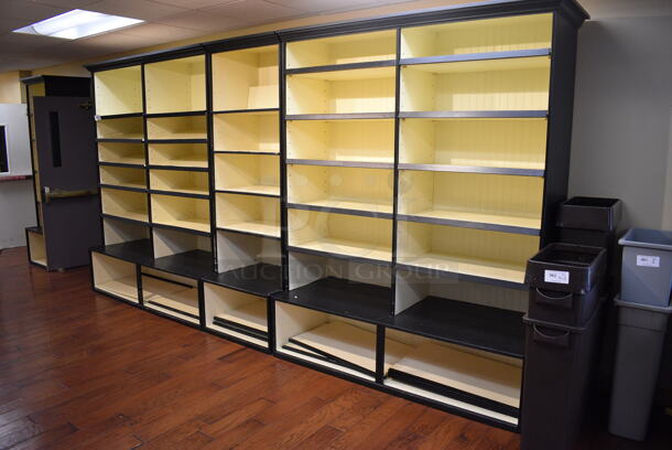 ALL ONE MONEY! Lot of 3 Yellow and Black Wooden Shelving Units. BUYER MUST REMOVE. 70x27.5x89, 30x27.5x89. (gift shop) - Image 6 of 6